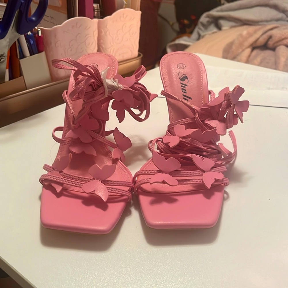 Pink butterfly strap heels